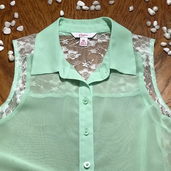 Candie’s Sheer & Lace Button Up Tie Front Sz XS - Picture 3 of 10